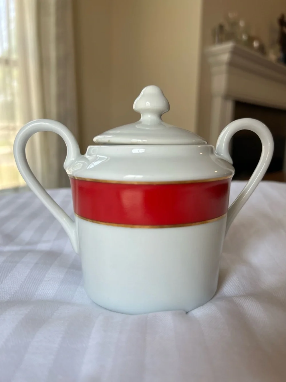 Vintage Red Band Creamer & Covered Sugar Bowl Set White Gold Trim
